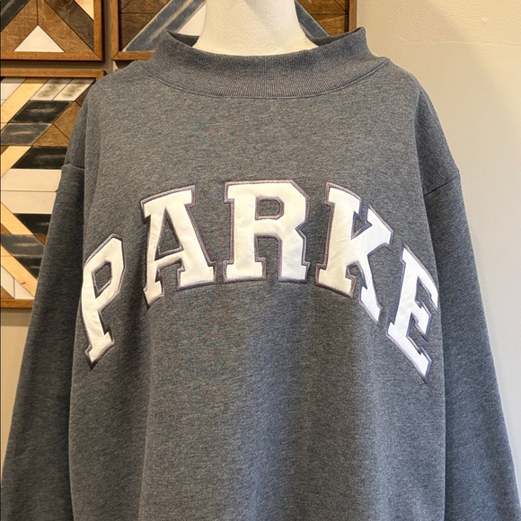 PARKE Varsity Fleece Mockneck Sweatshirt in Stormy Grey + White size L/XL EUC - Picture 2 of 12